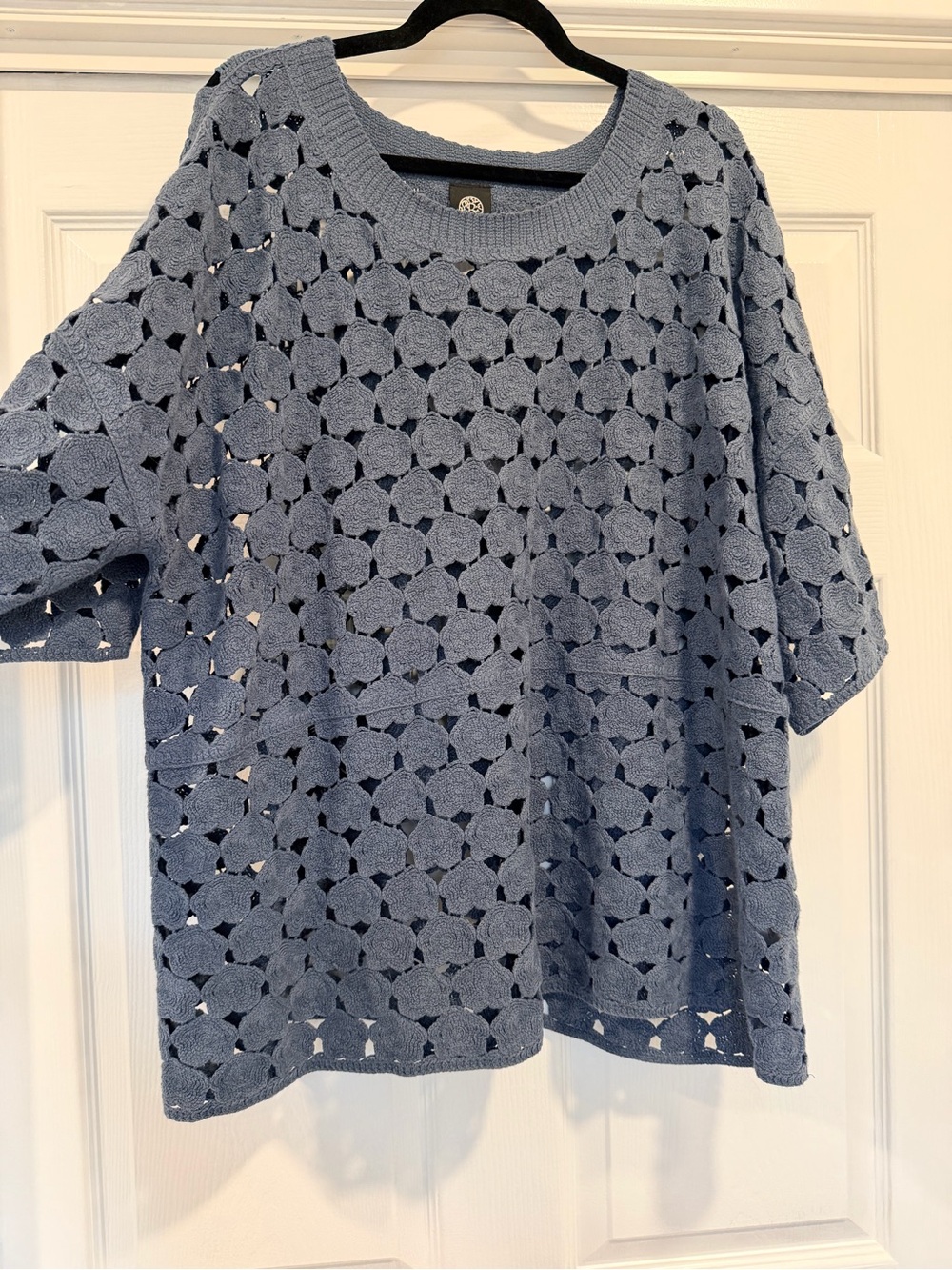 Bobeau Open-Knit Floral Crochet Sweater Top in Light Blue